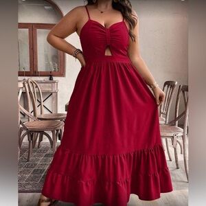 Boho burgundy cutout ruffle hem cami maxi dress